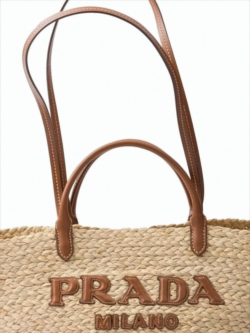 Trapezoidal Raffia Shoulder Bag With Embossed Logo Detail