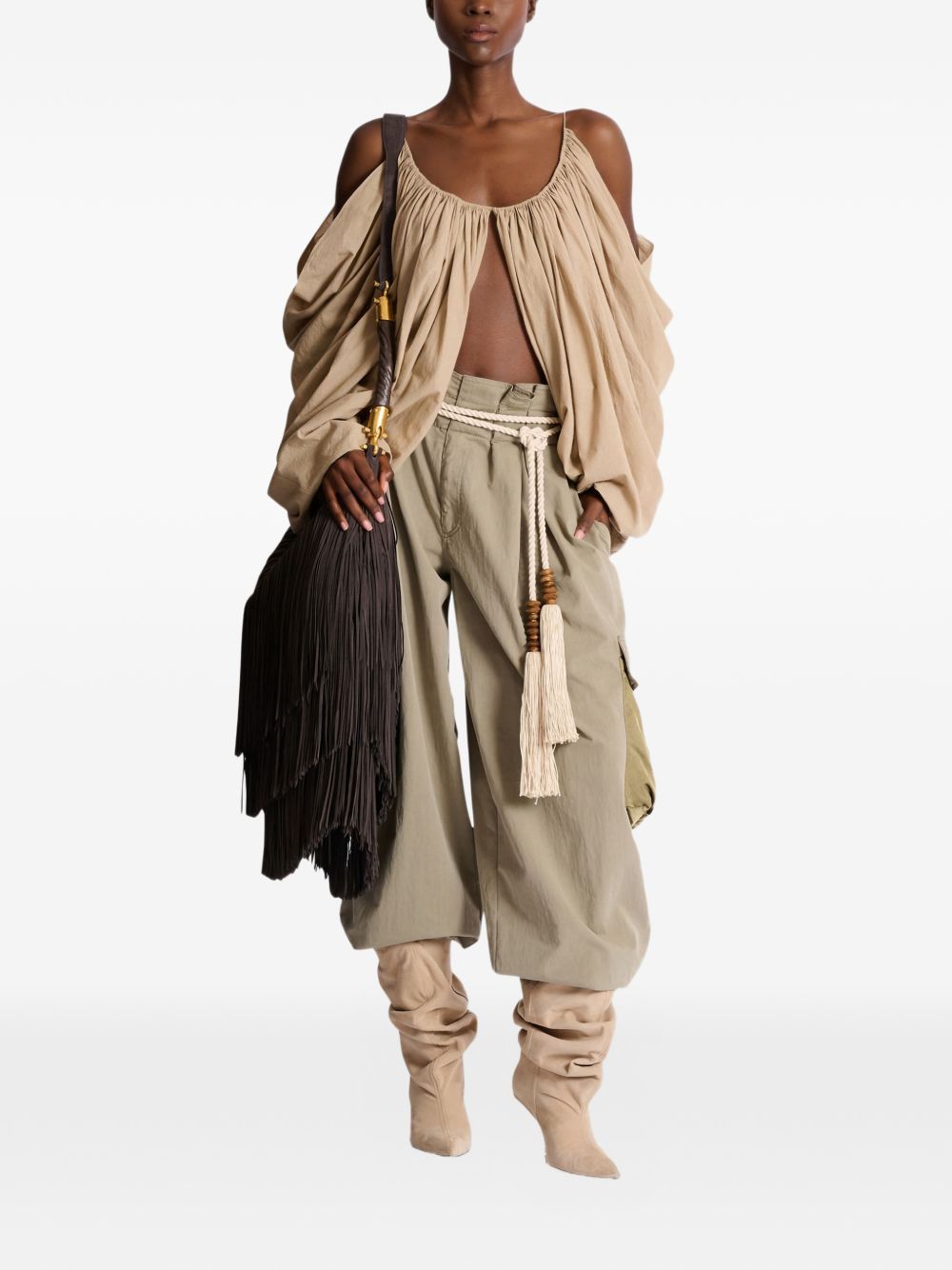 Beige Gathered Cut Out Cotton Top