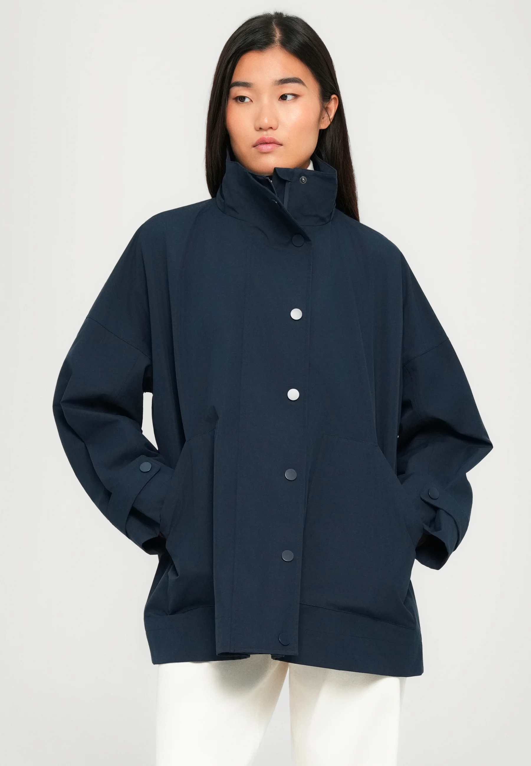 Versatile Blue Raincoat With Drawstring Hood