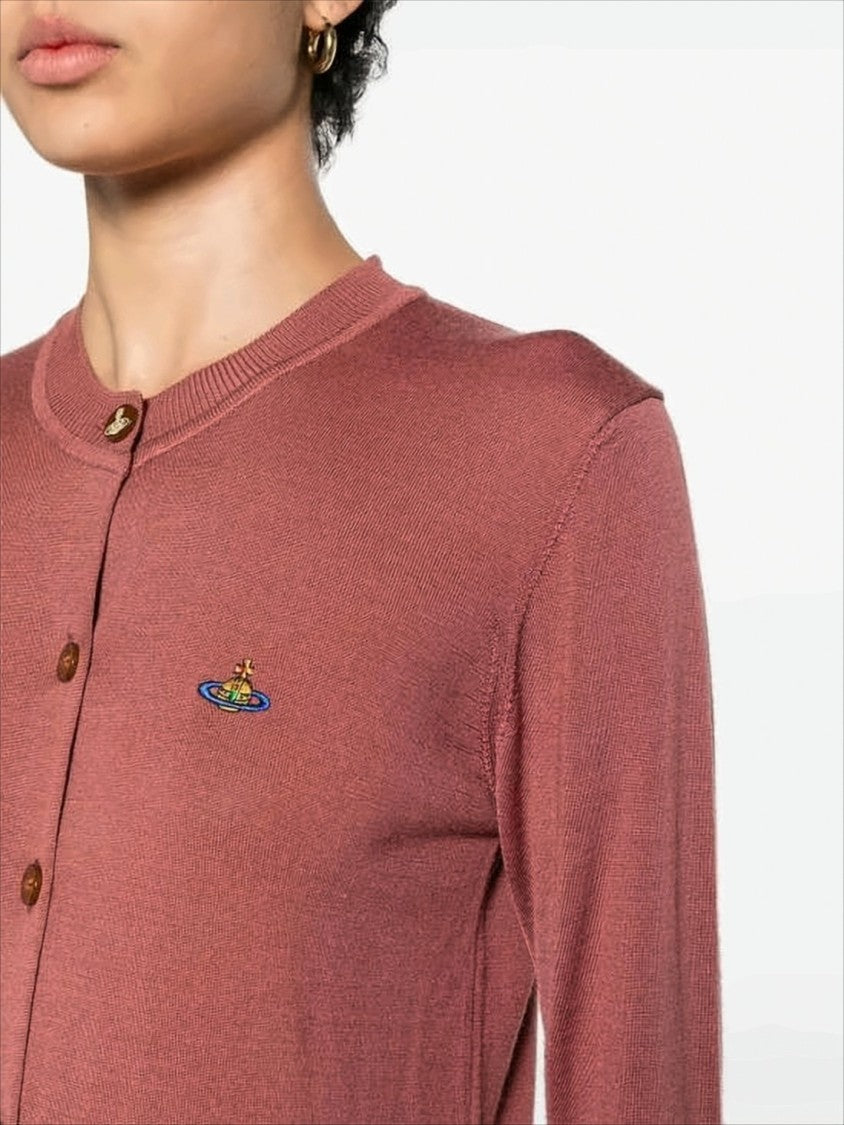 Tailored Red Wool-Silk Blend Cardigan with Embroidered Emblem