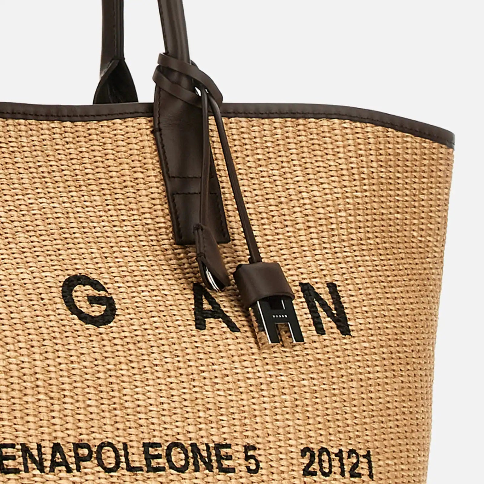 Beige Address Shopping Media Raffia Shopping Bag