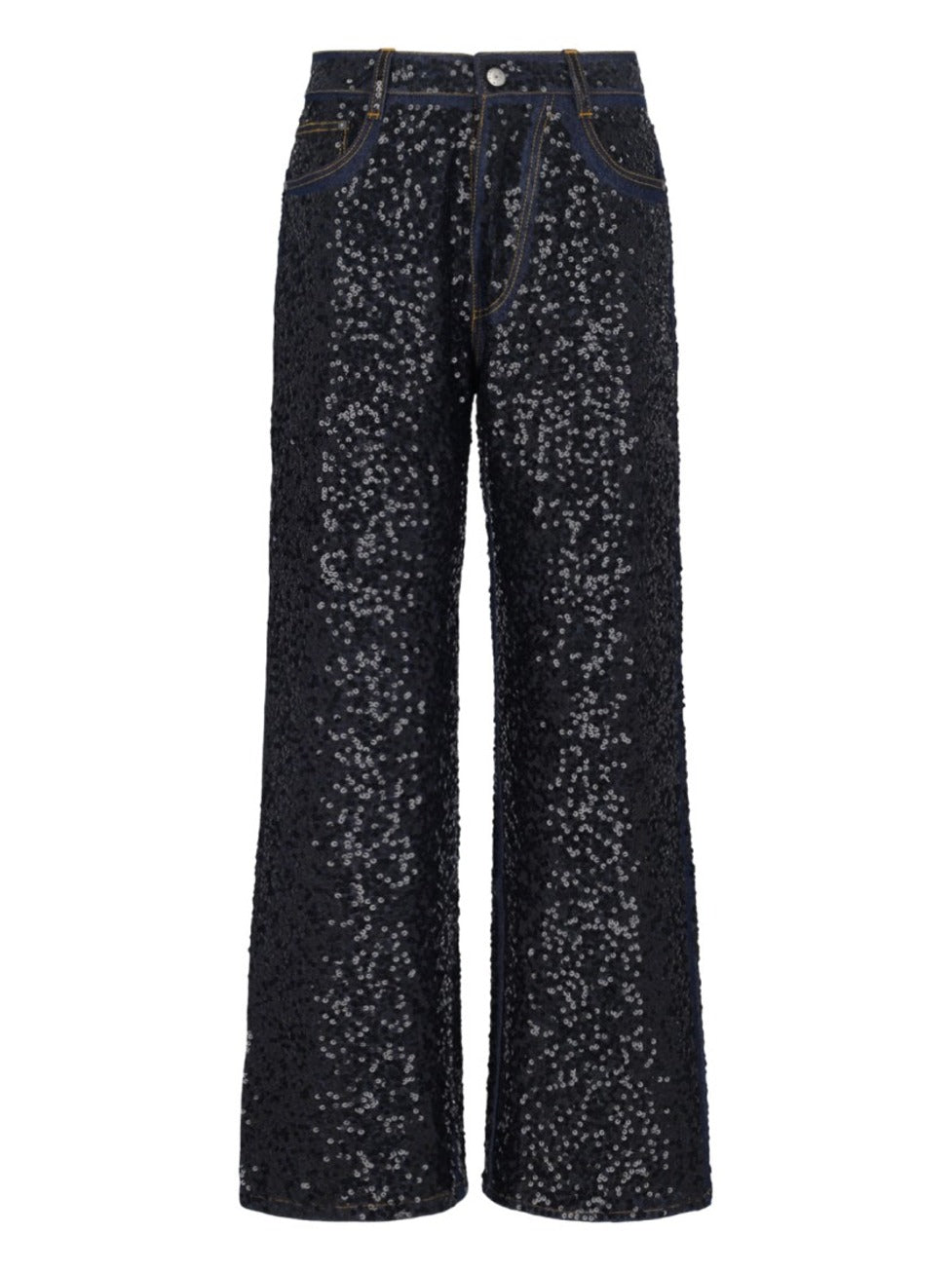 "Guff" Sequin Straight Jeans In Black Stretch Denim