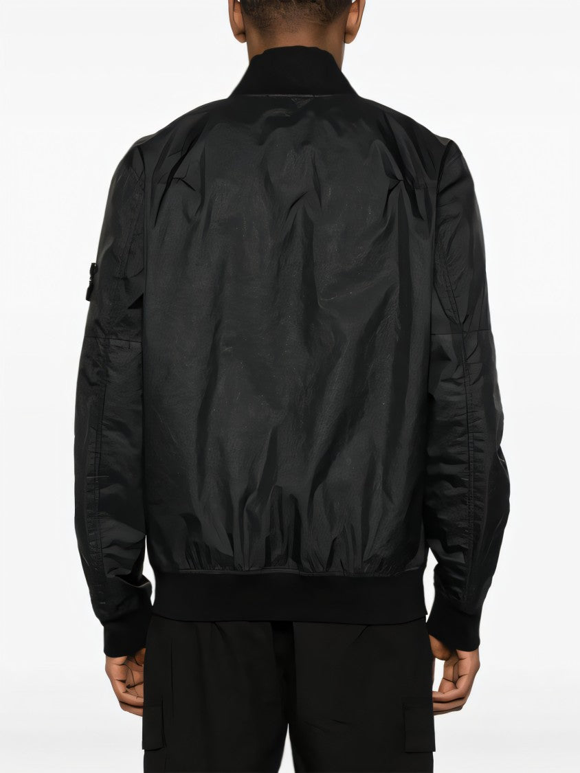 Black Leather Jacket With Zip Front And Logo Patch