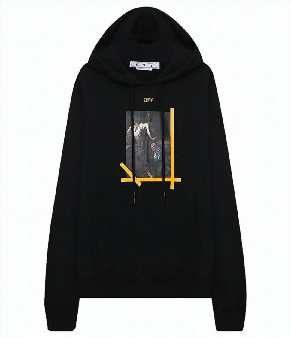 Black Hoodie with Graphic Print and Iconic Arrow Motif