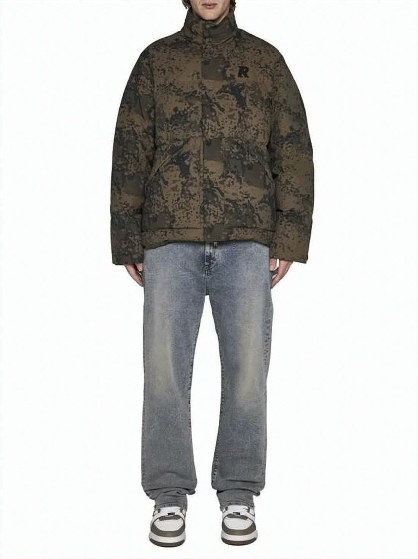 High-Collar Puffer Jacket with Camouflage Design