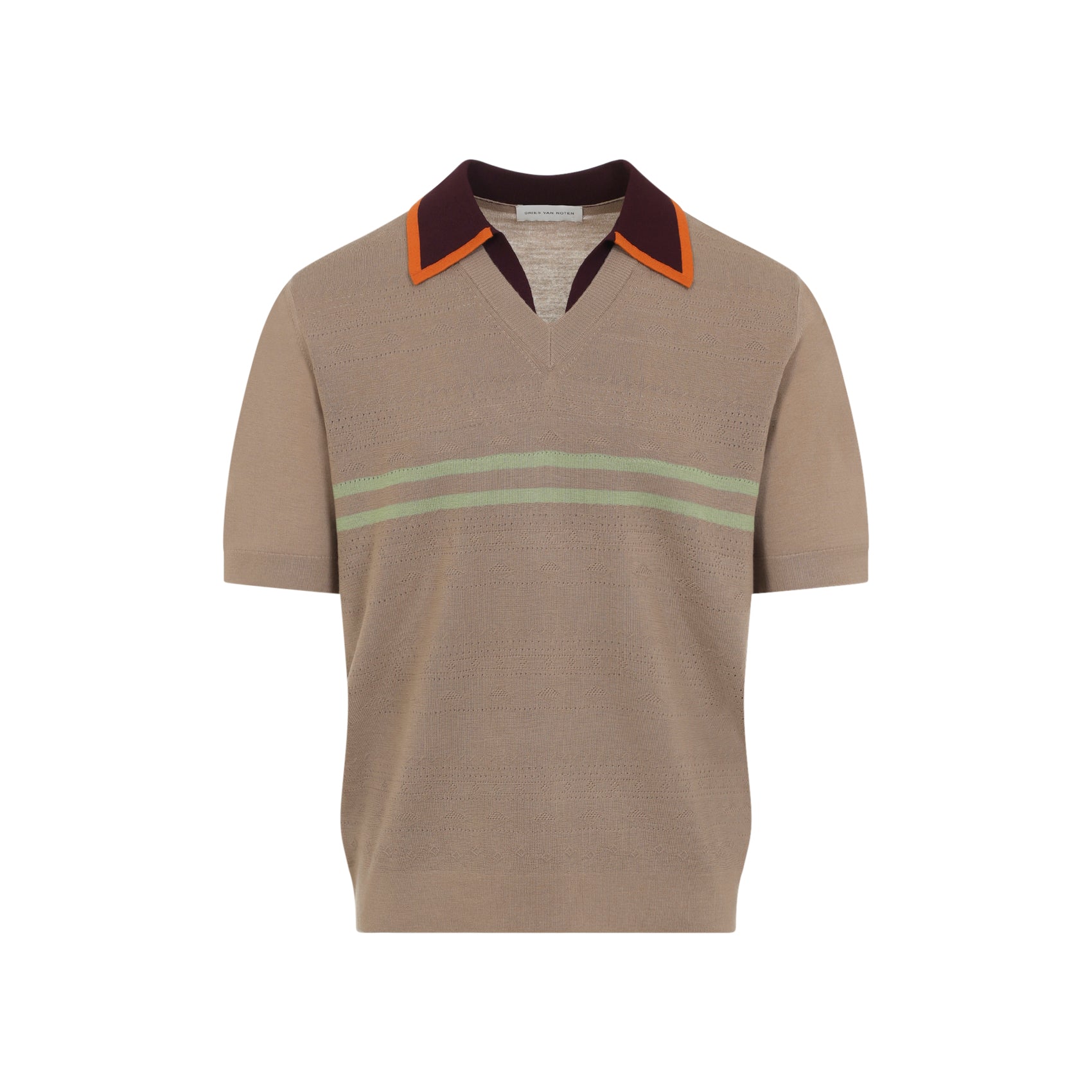 Short-Sleeve Knit Top with Contrasting Collar and Subtle Stripes