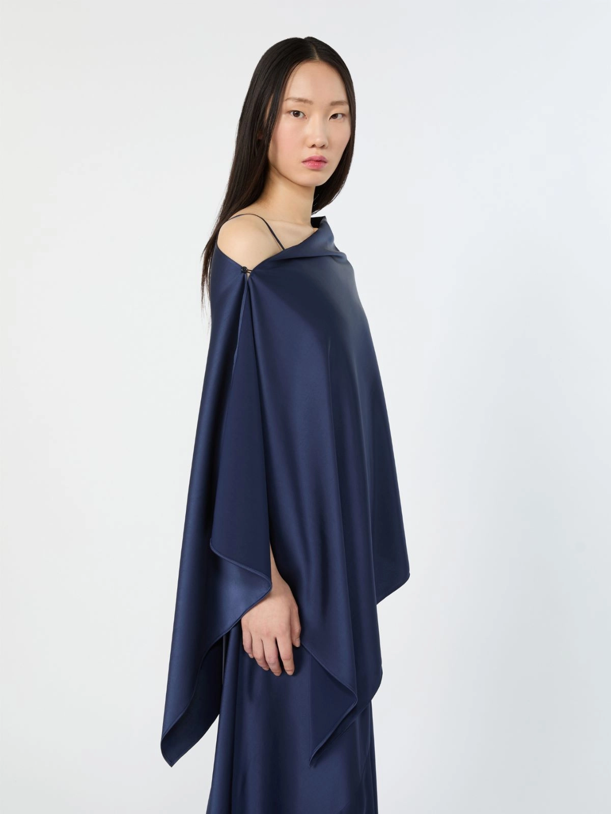 Asymmetrical Deep Navy Maxi Dress with Draped Overlay