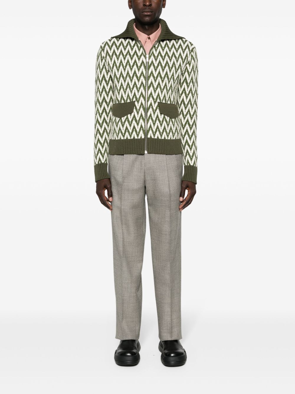 Khaki and White Herringbone Pattern Cotton Sweater