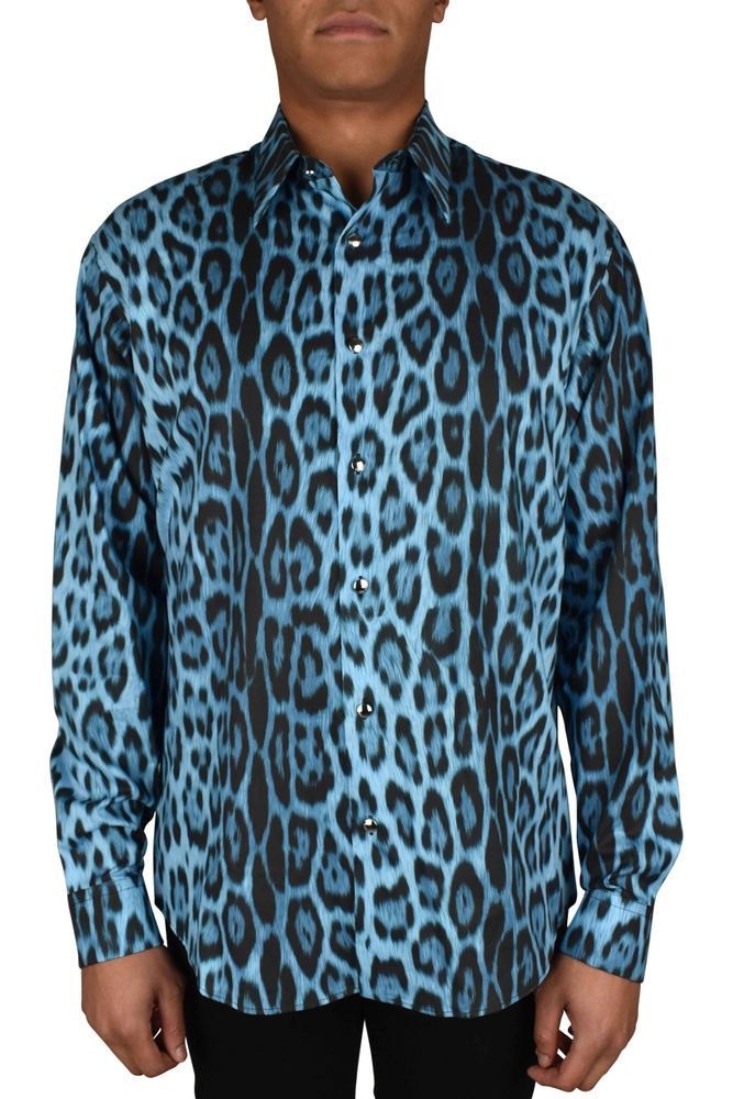 Electric Blue Jaguar Print Roberto Cavalli Shirt