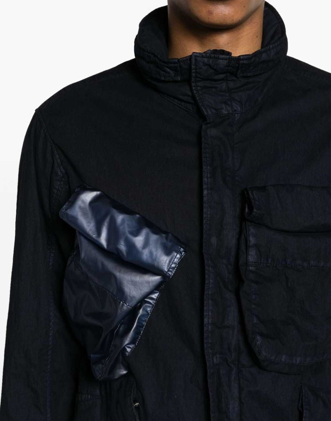 High-Collar Utility Jacket With Distinctive Chest Pocket