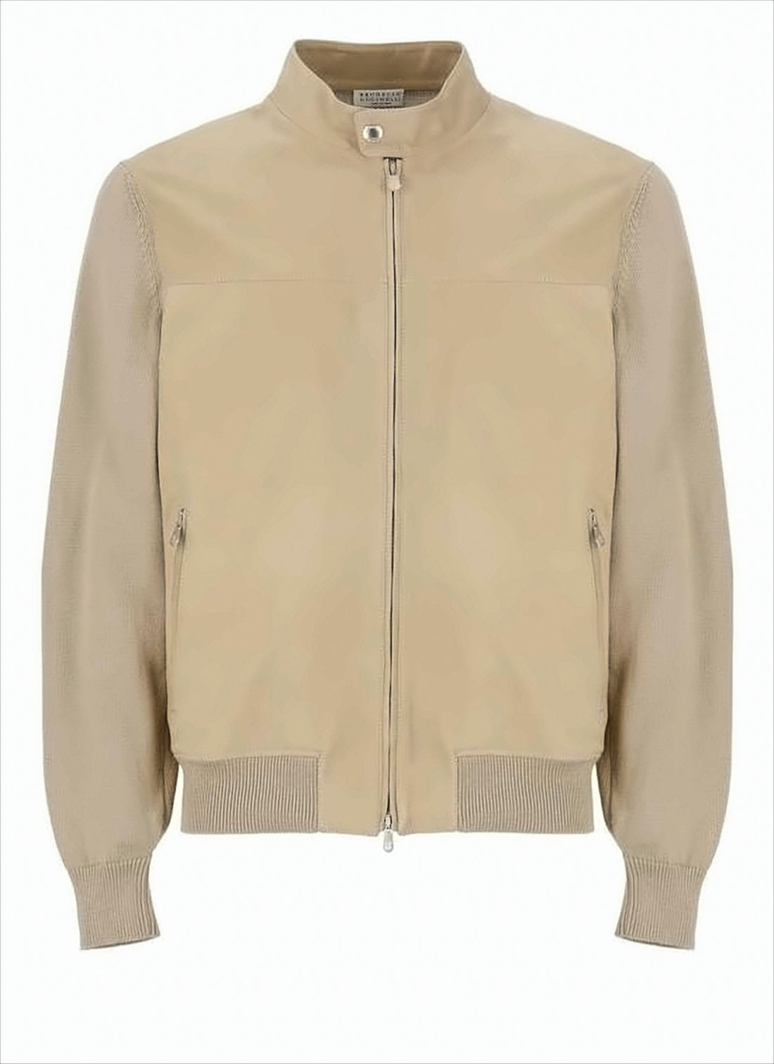 Smooth Leather Bomber Jacket with Knit Sleeves