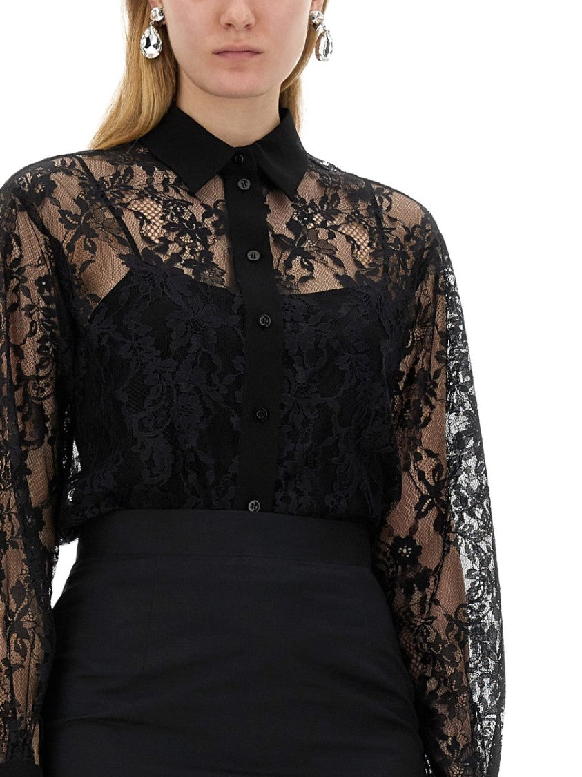 Black Lace Shirt With Intricate Floral Patterns