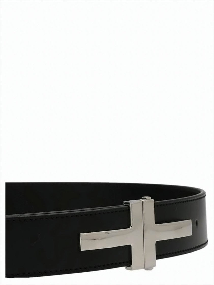 Black Calf Leather Belt with Distinctive Silver-tone Buckle