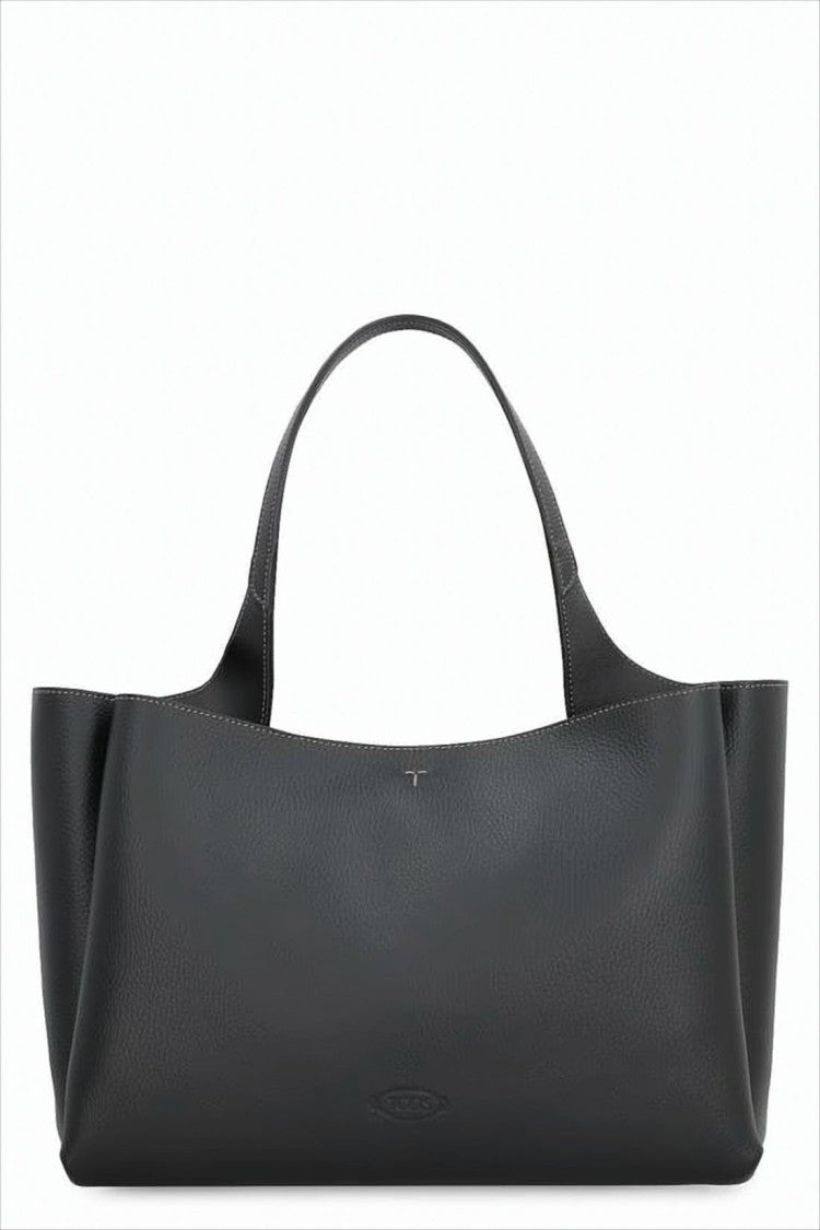 Black Leather Shoulder Bag with Metallic Accent