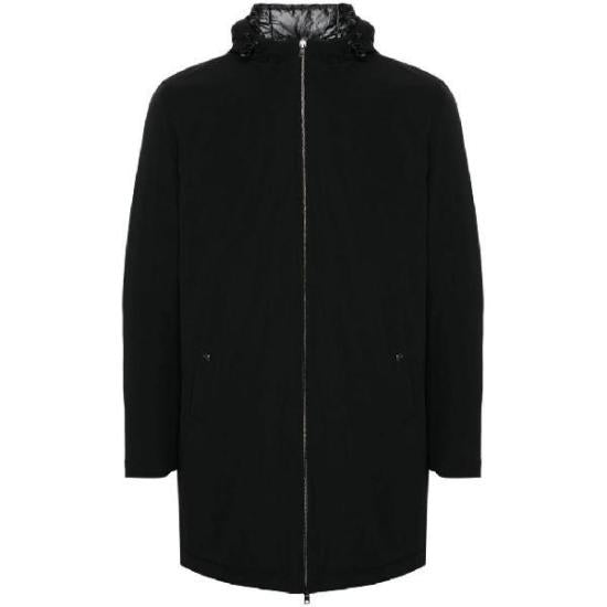 Long Black Padded Jacket With Front Zipper And Hood