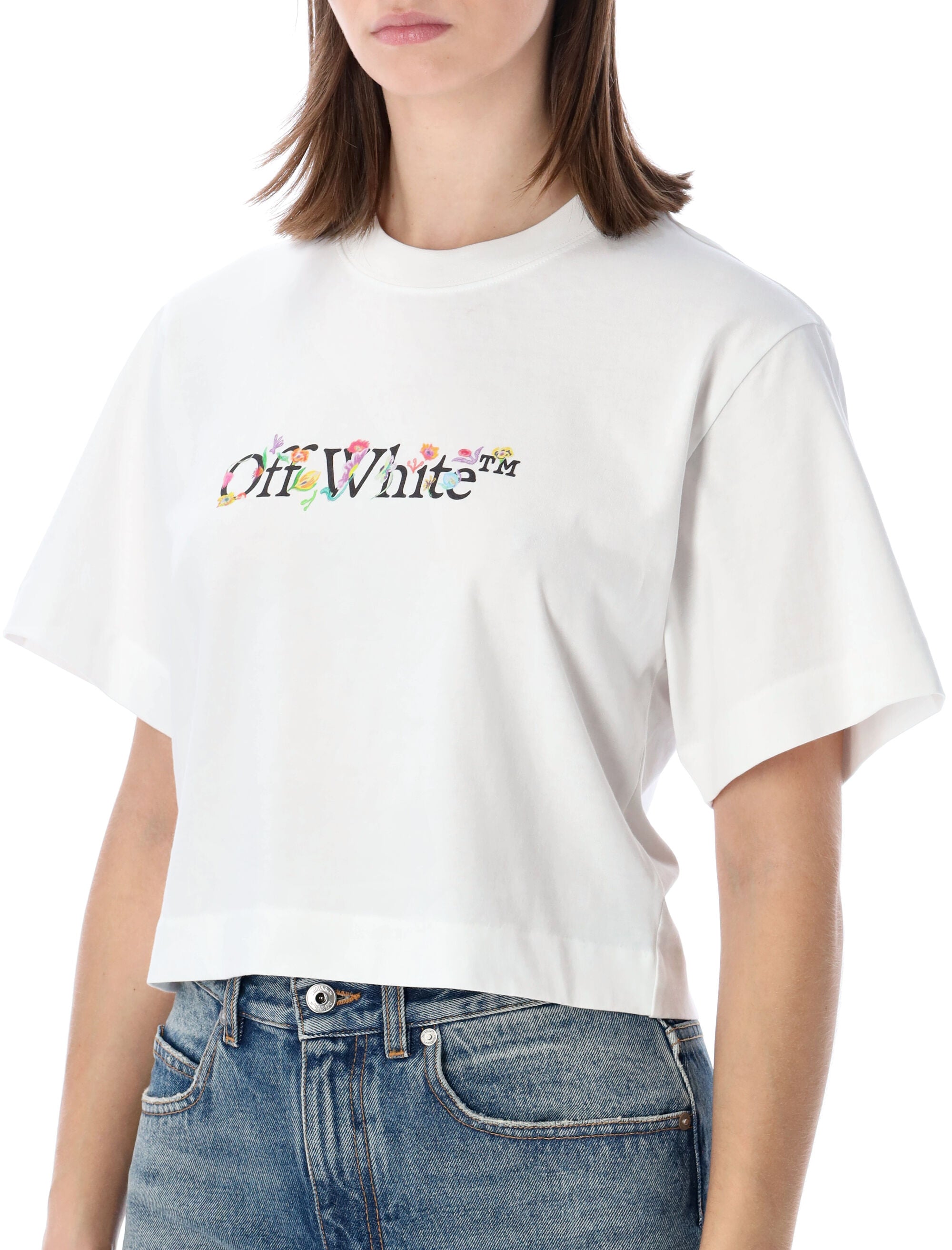 Flower-Embellished Cropped T-Shirt