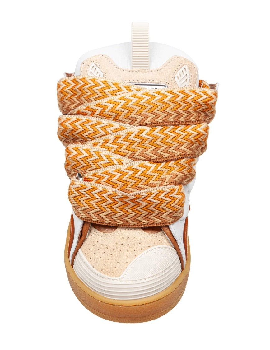 White/Honey Curb Leather And Fabric Sneakers