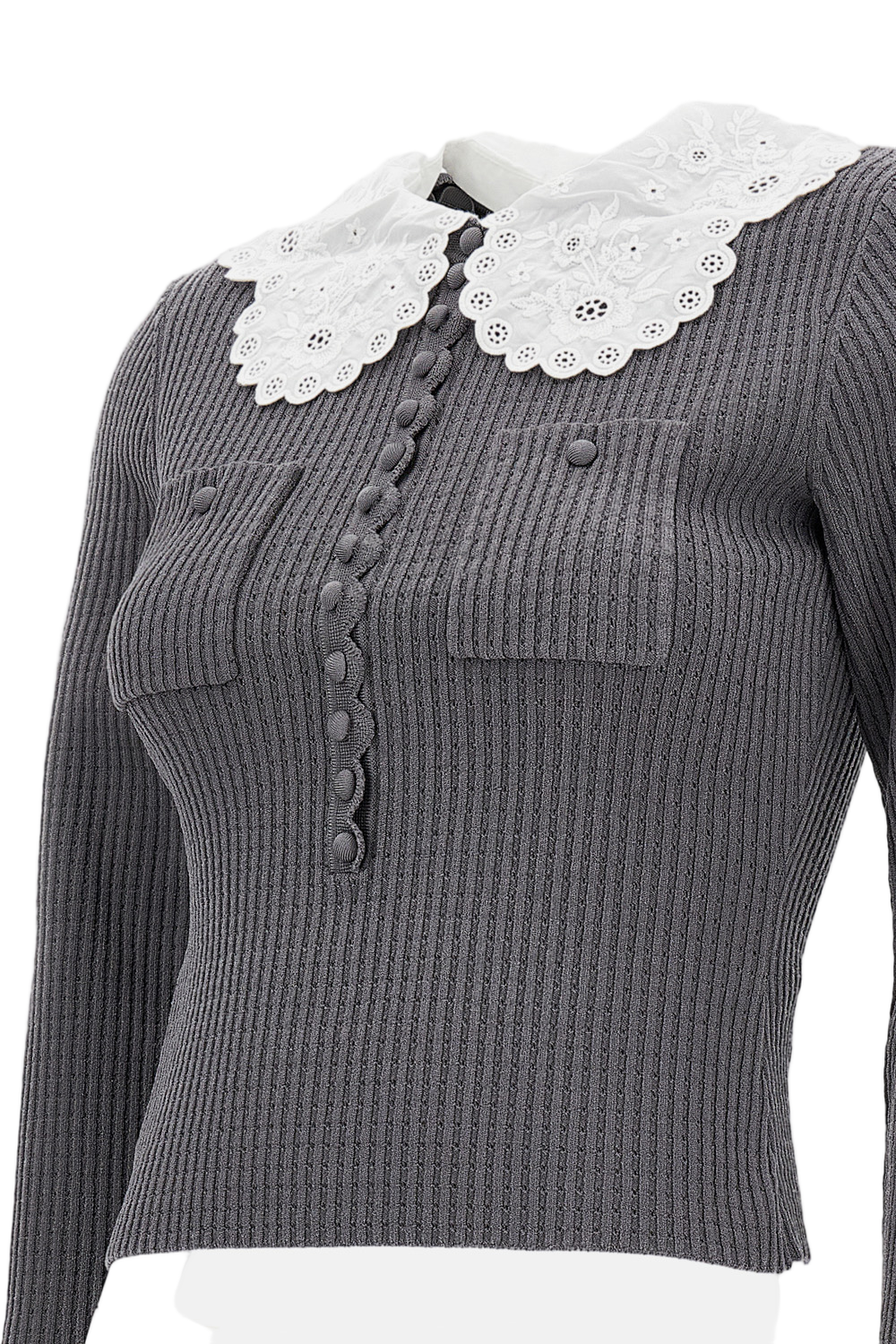 Fitted Ribbed Knit Top With Wide Collar