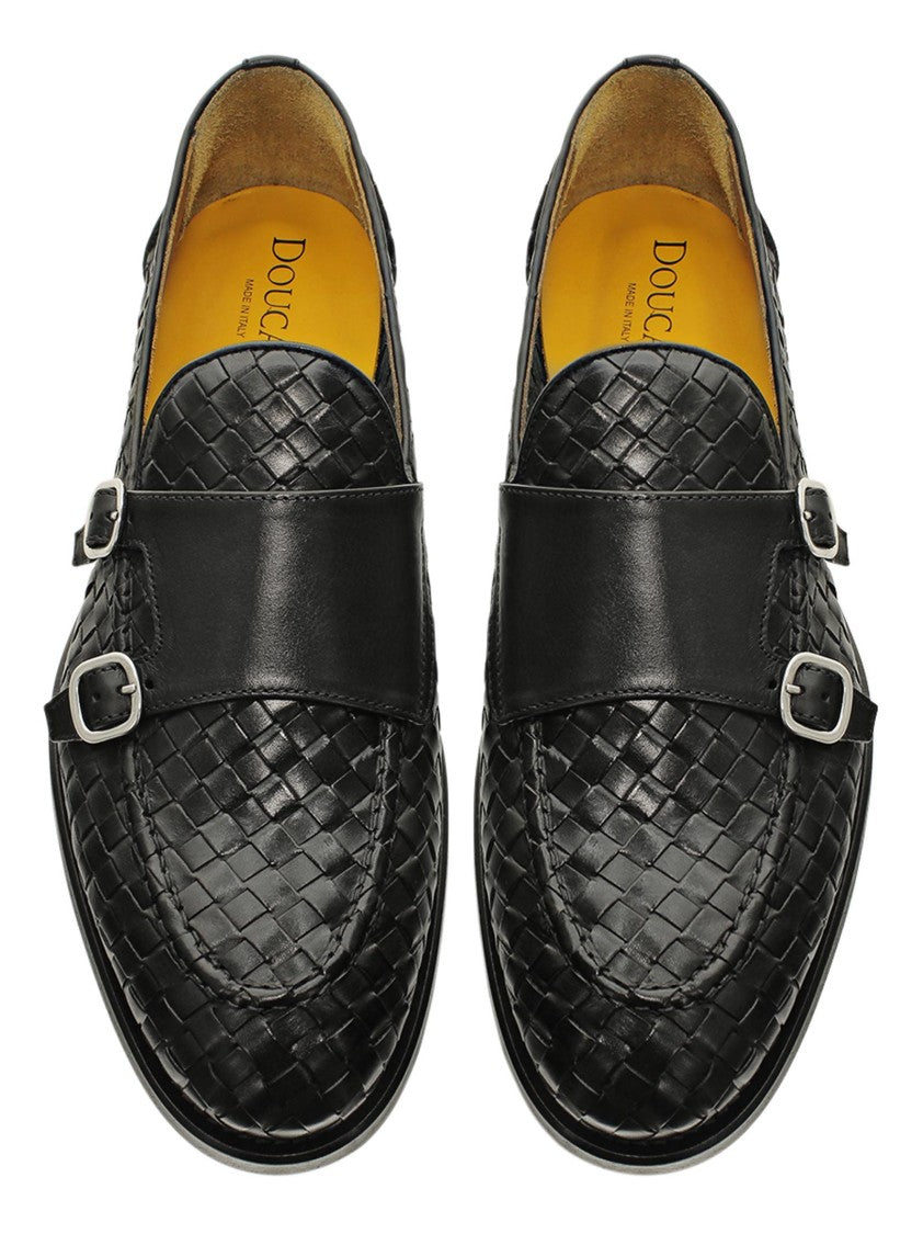 Woven Black Calf Leather Loafers With Dual Buckle Accents