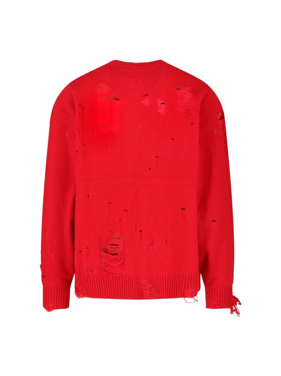 Distressed Red Wool Blend Sweater With Ribbed Finishes