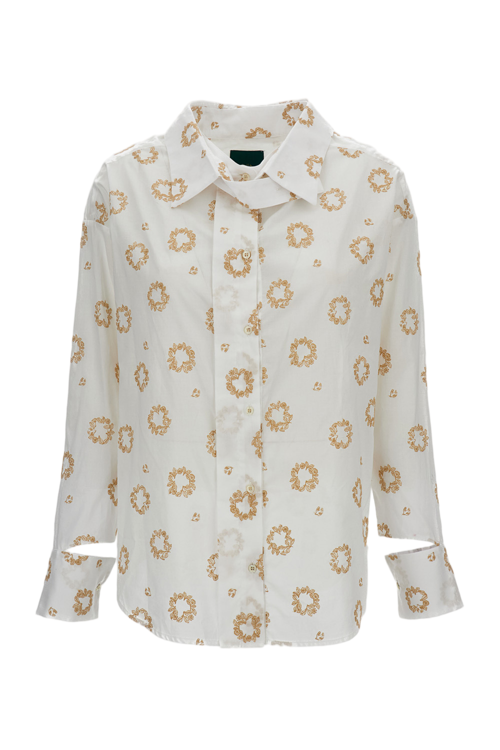 White Cotton Shirt with Floral Embroidery and Unique Cut-out Cuffs