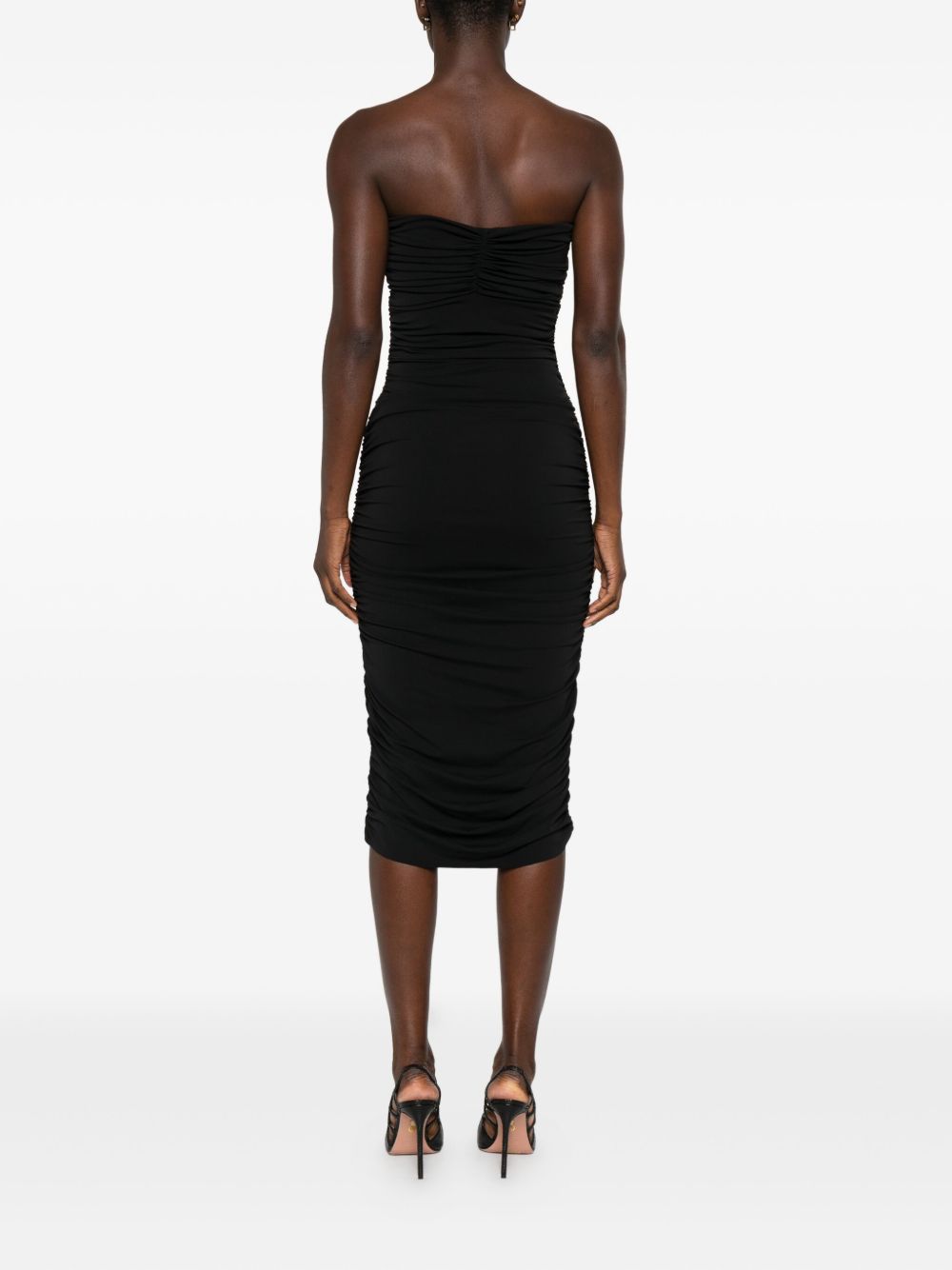 Strapless Black Midi Dress With Ruched Detailing