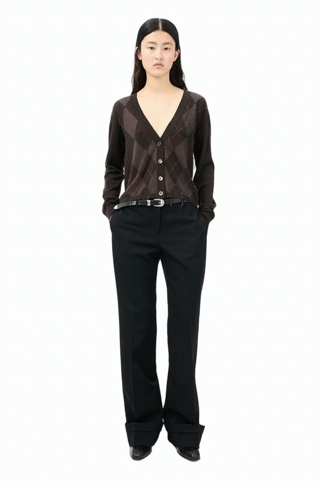 Argyle Pattern Wool Cardigan with Deep V-Neckline