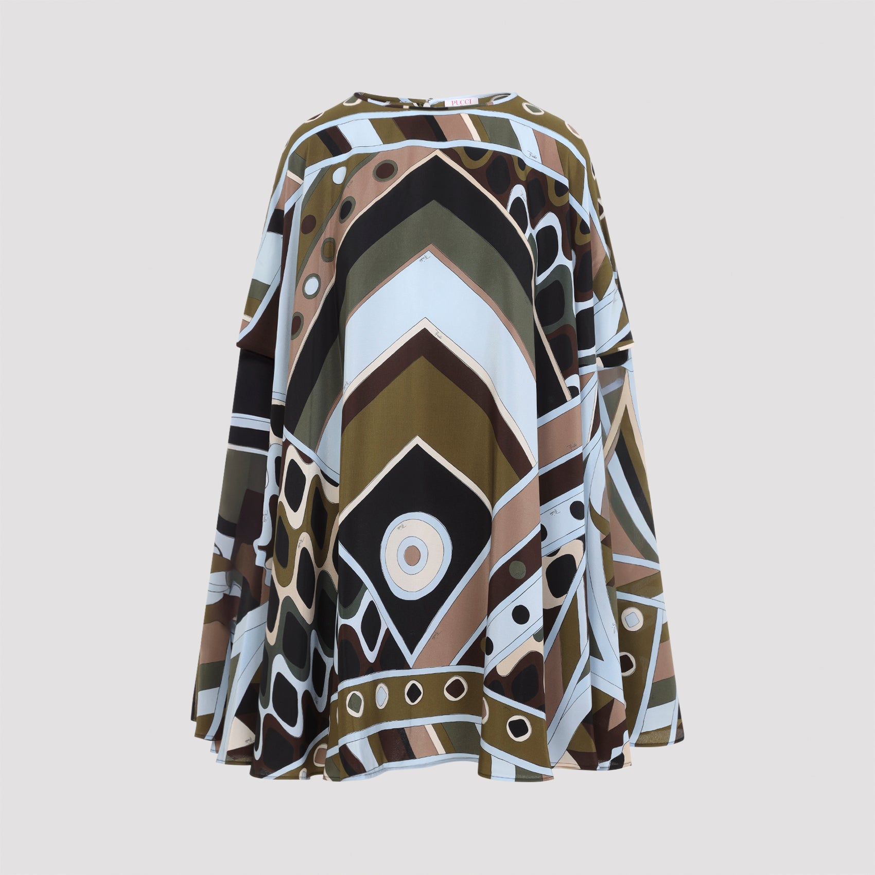 Geometric Pattern Silk Dress with Wide Sleeves