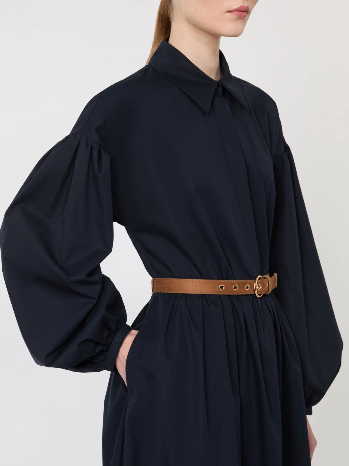 Midi Dress with Puff Sleeves and Cinched Waist