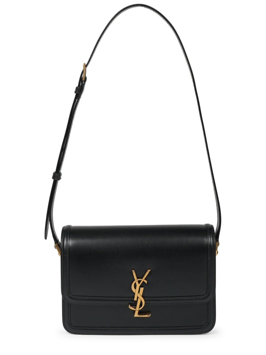 Rectangular Black Leather Shoulder Bag With Gold-Tone Logo