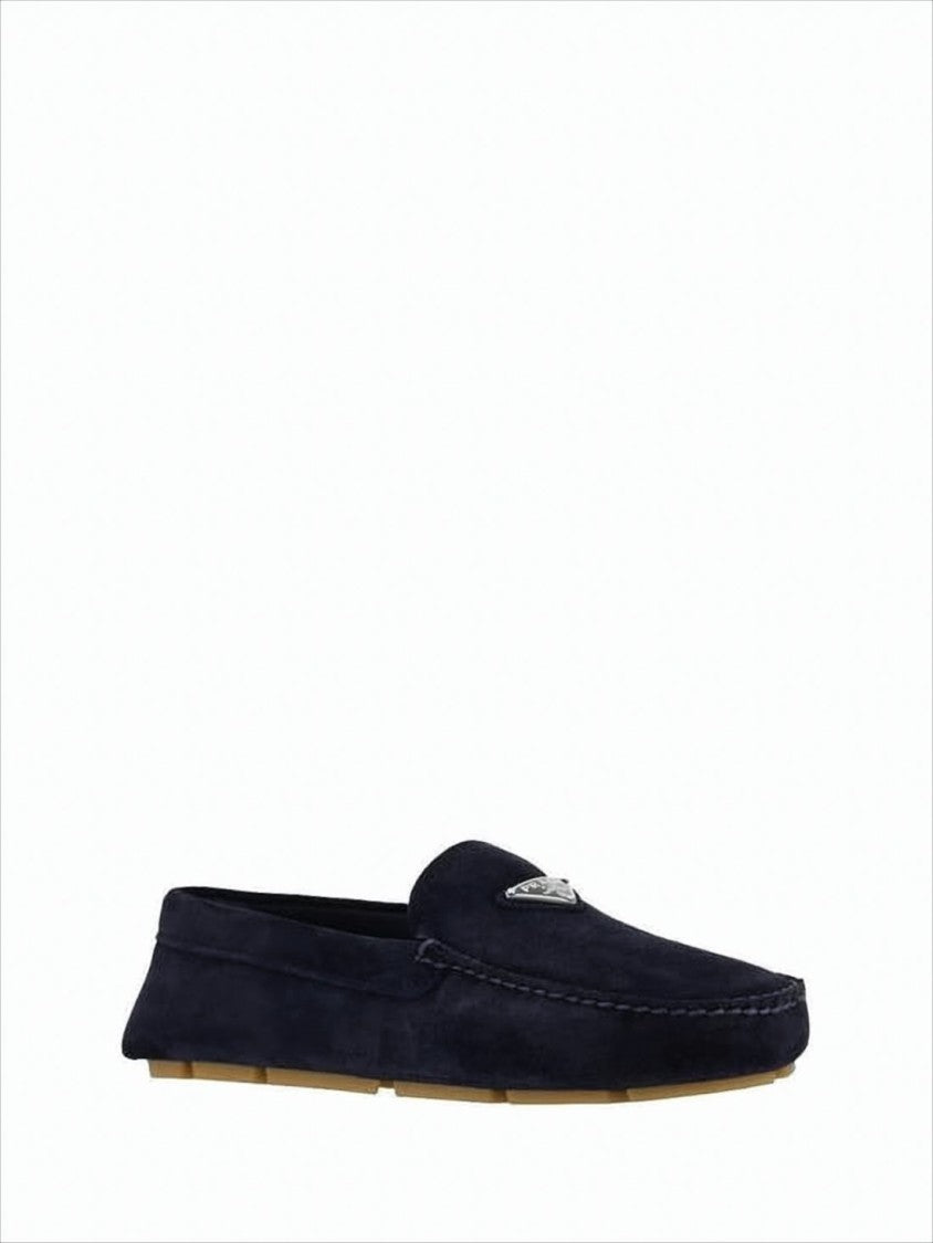 Black Suede Loafers with Metallic Triangle Emblem by Prada