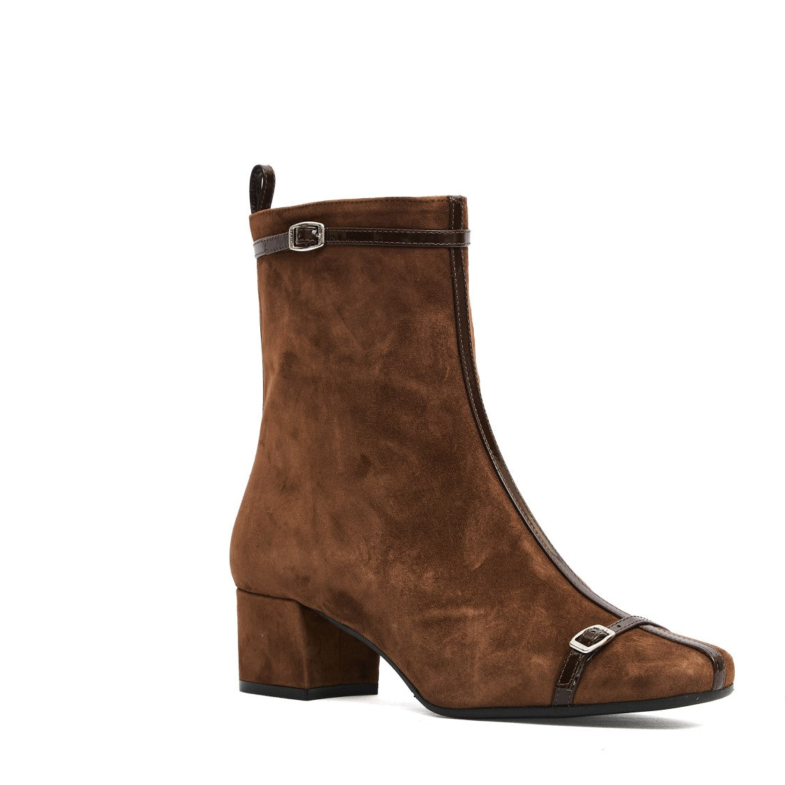 Brown Suede Ankle Boots With Decorative Buckled Straps