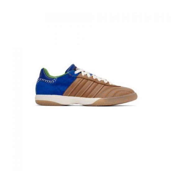 Brown Leather Quilted Sneakers with Contrasting Blue Details