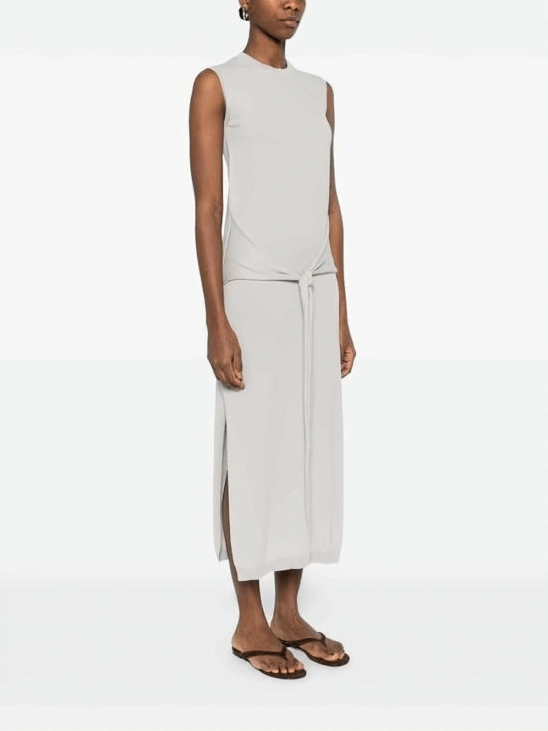 Sleeveless Grey Midi Dress with Fabric Belt