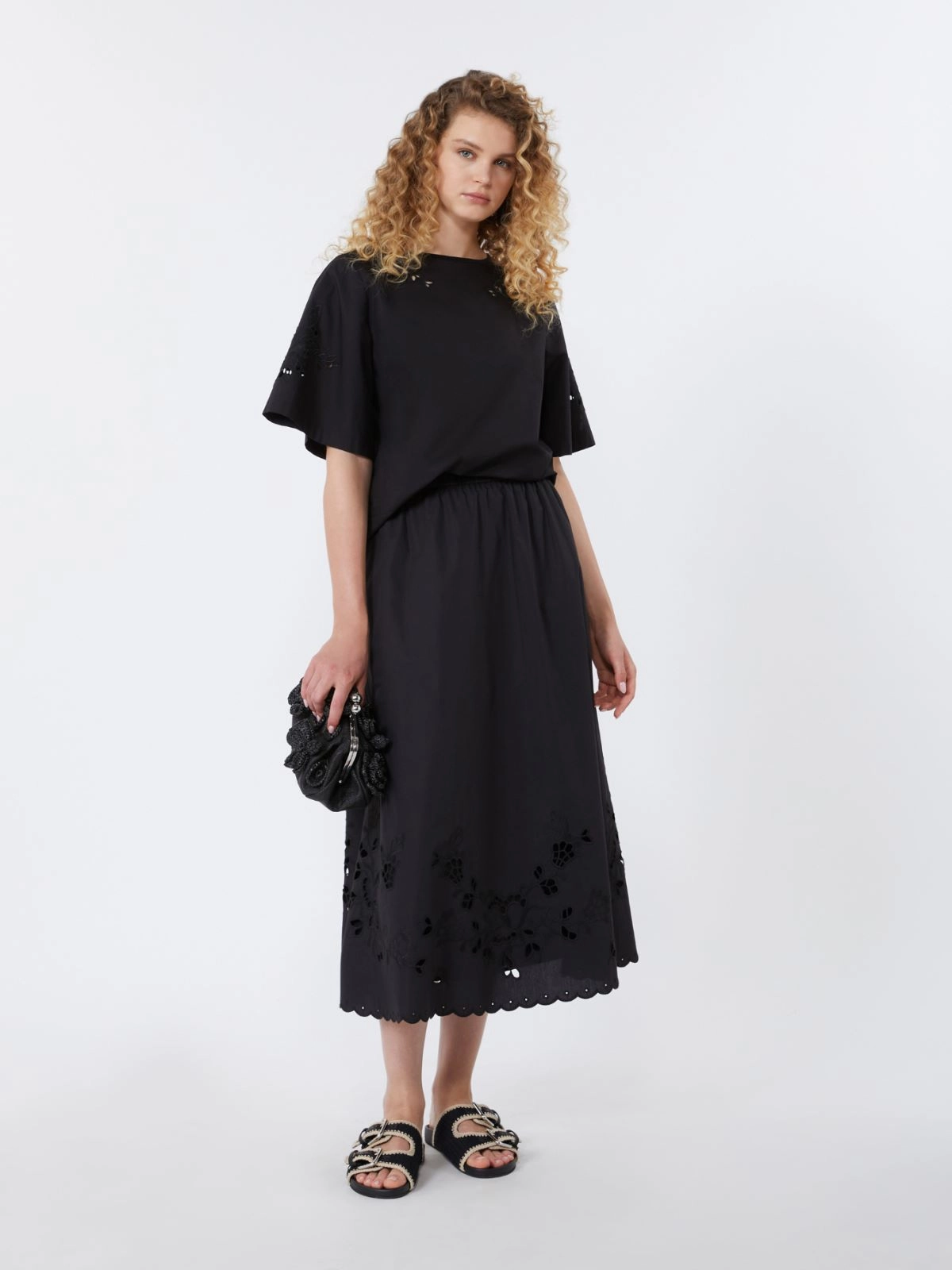 Midi-length Skirt with Flared Silhouette and Floral Embroidery