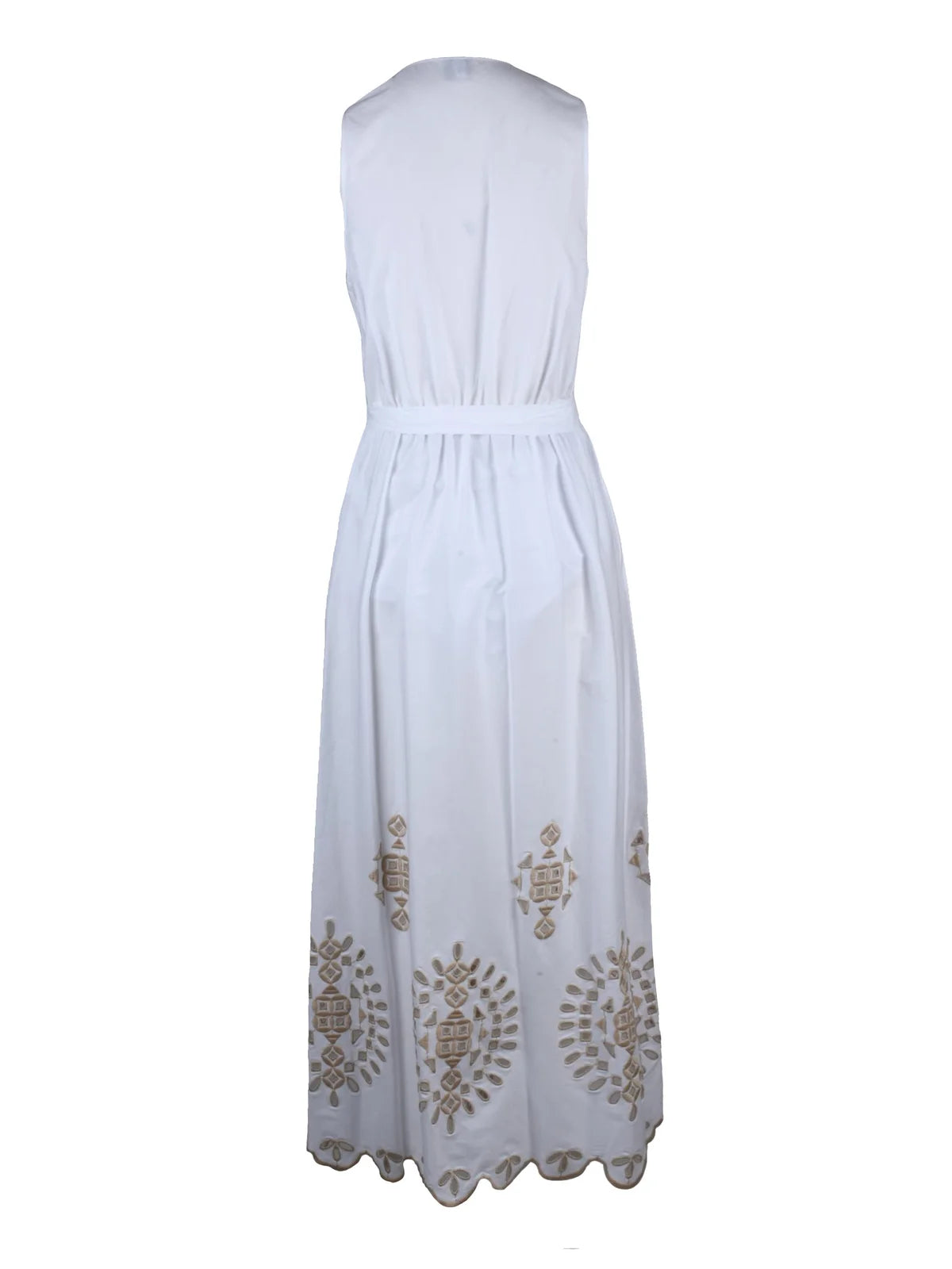 White Beige Cotton Elastane Women Long Dress