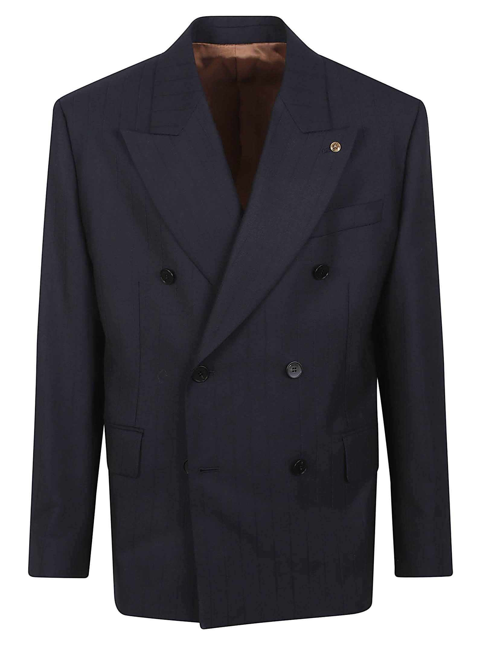 Double-Breasted Pinstripe Blazer with Removable Medusa Pin