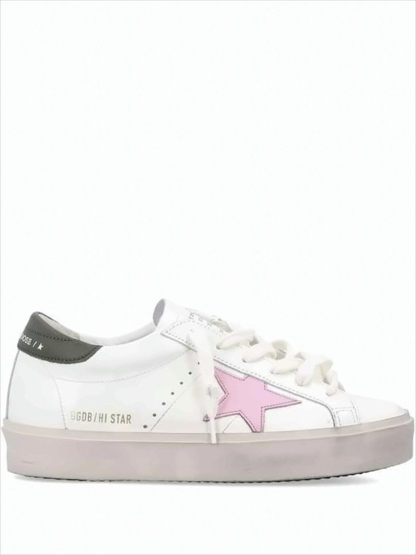 Low-Top White Leather And Suede Sneakers With Pink Star Detail