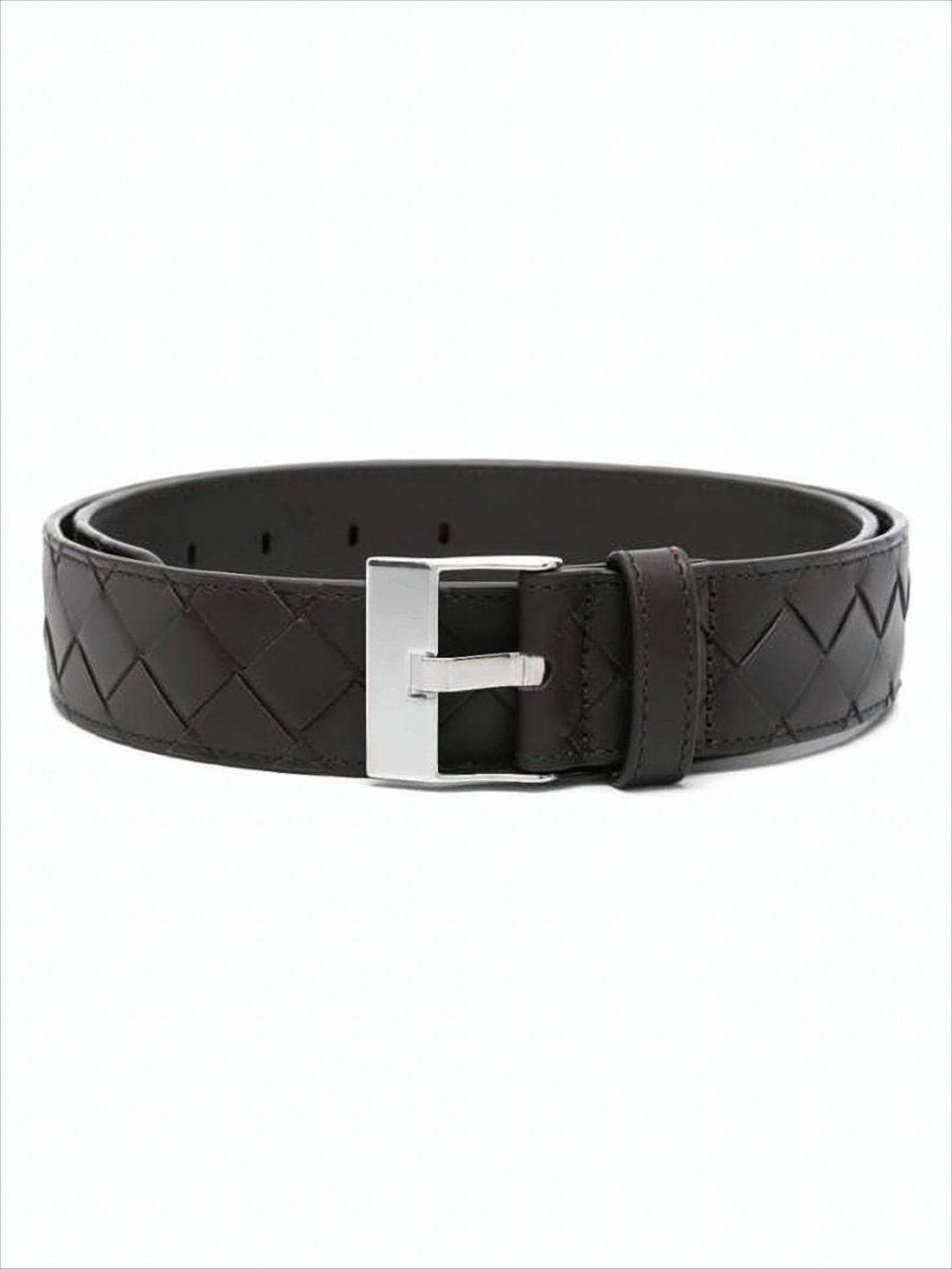 Woven Calf Leather Belt With Rectangular Silver Buckle