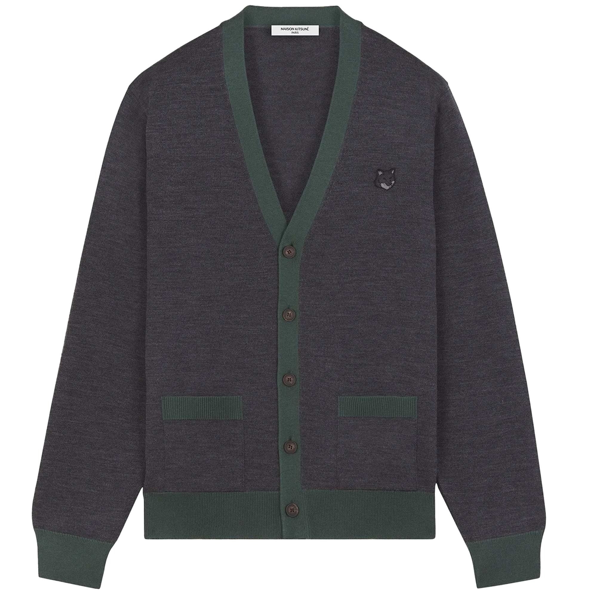 Wool Cardigan With Deep V-Neckline And Embroidered Emblem