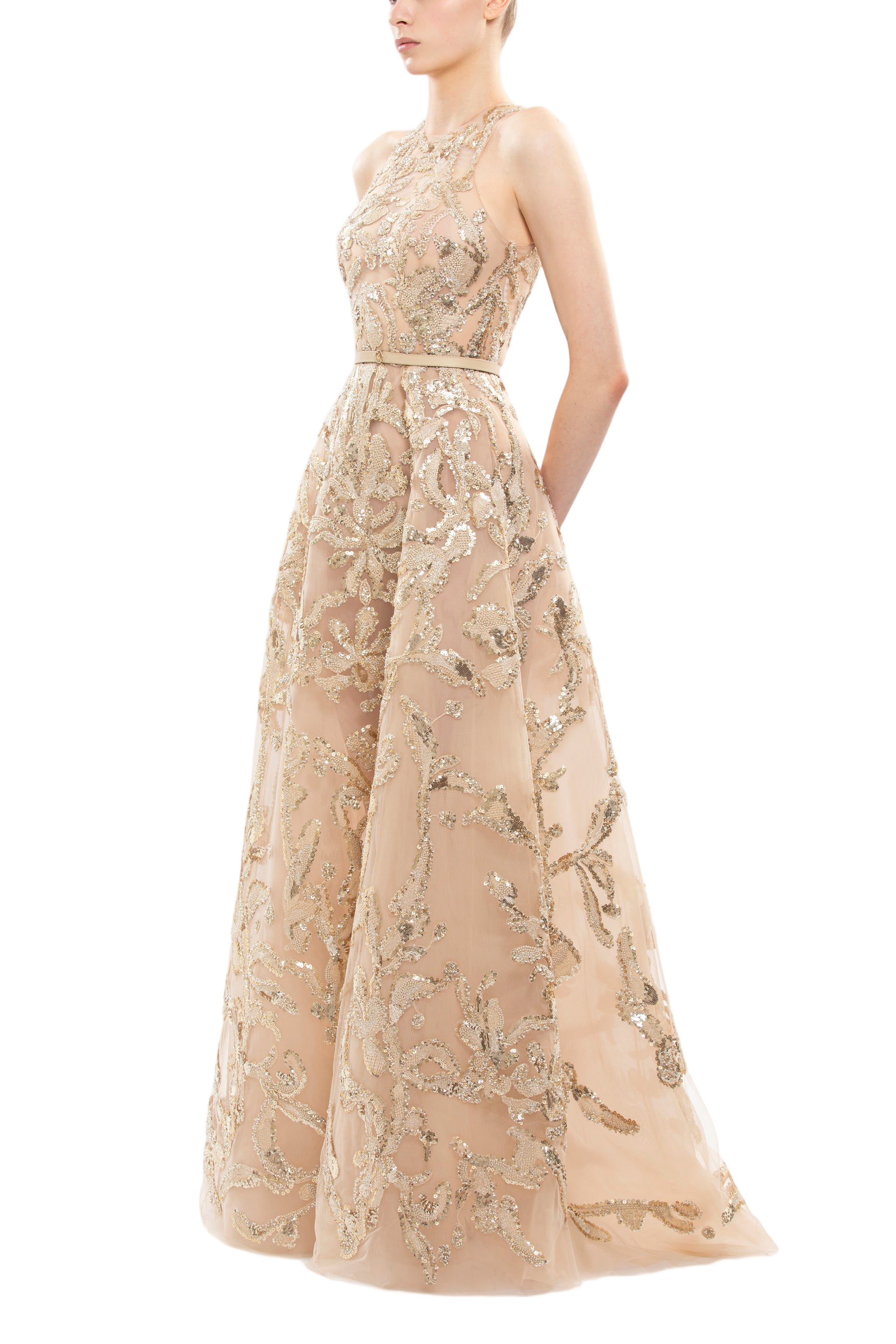 Embroidered Tulle Long Dress