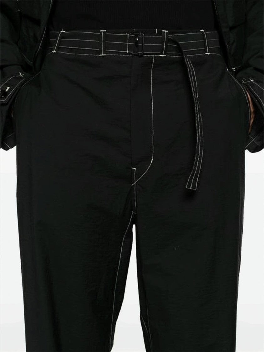 Relaxed Fit Black Straight Pants With Belt Detail And Contrasting Stitching