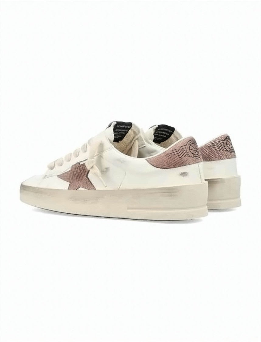Distressed White Leather Low-Top Sneakers with Textured Star