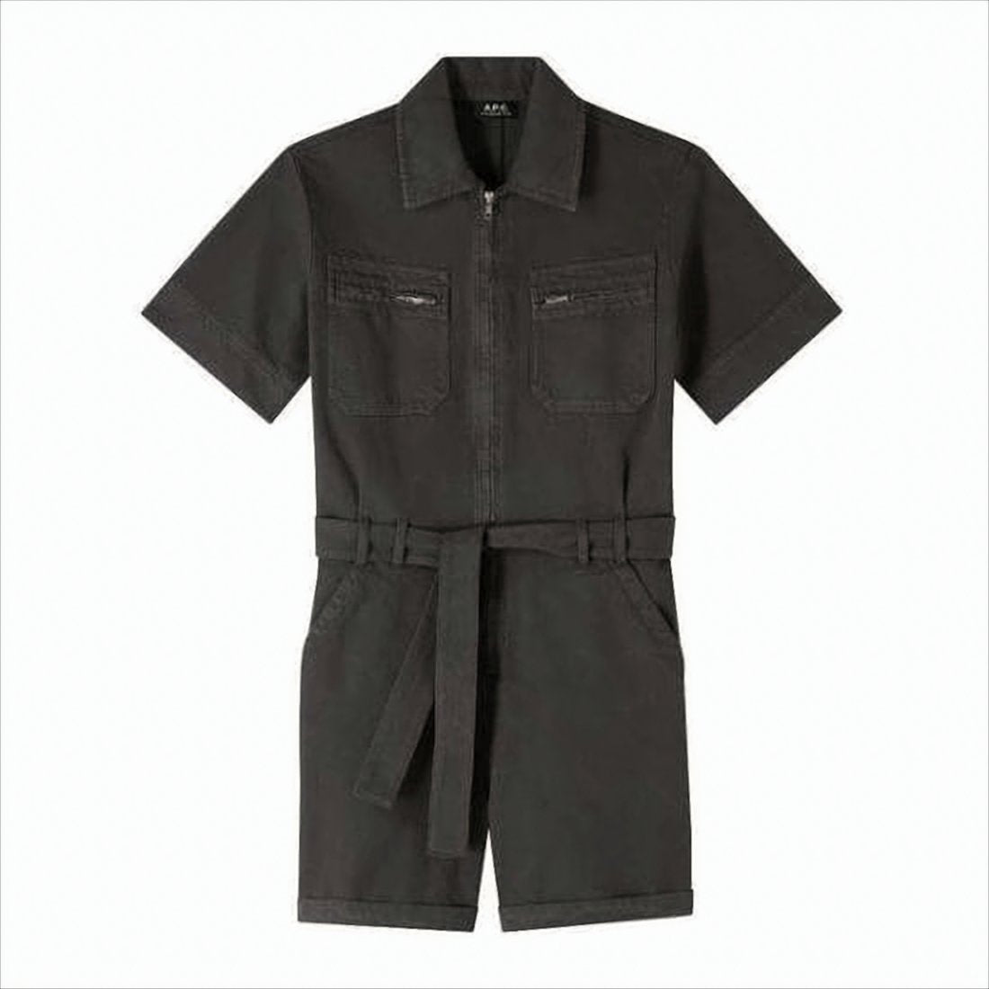 Black Short-Sleeved Jumpsuit with Zippered Pockets