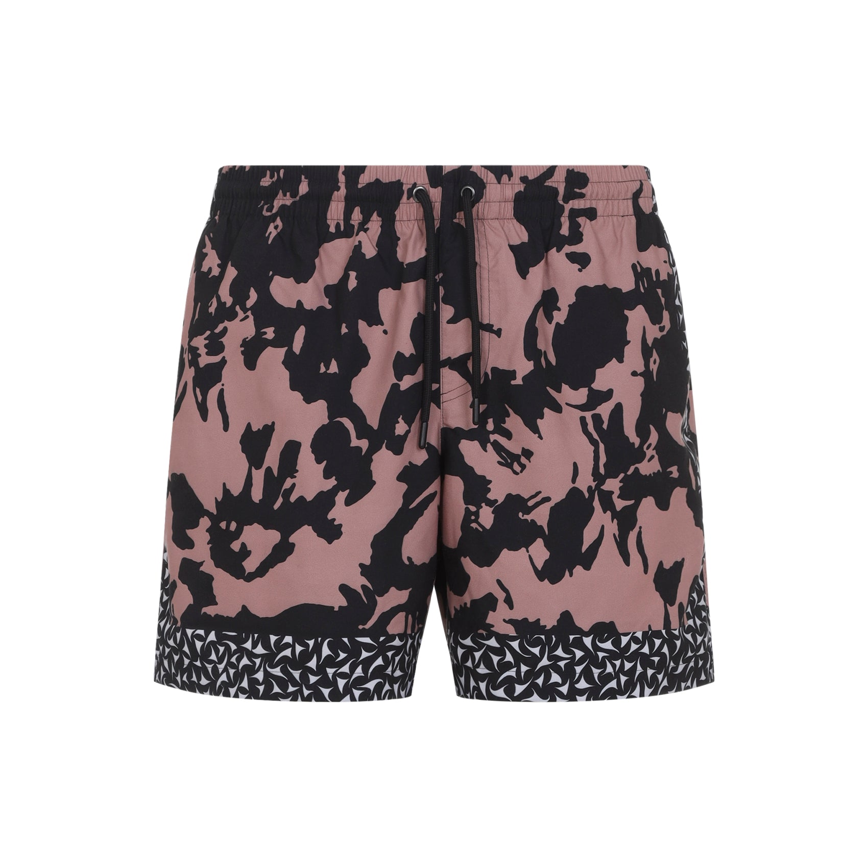 Abstract Pattern Swim Shorts with Geometric Border