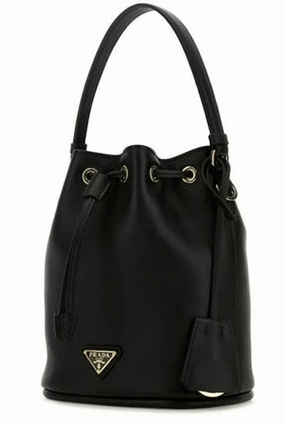 Bucket-Style Smooth Leather Shoulder Bag With Drawstring Closure