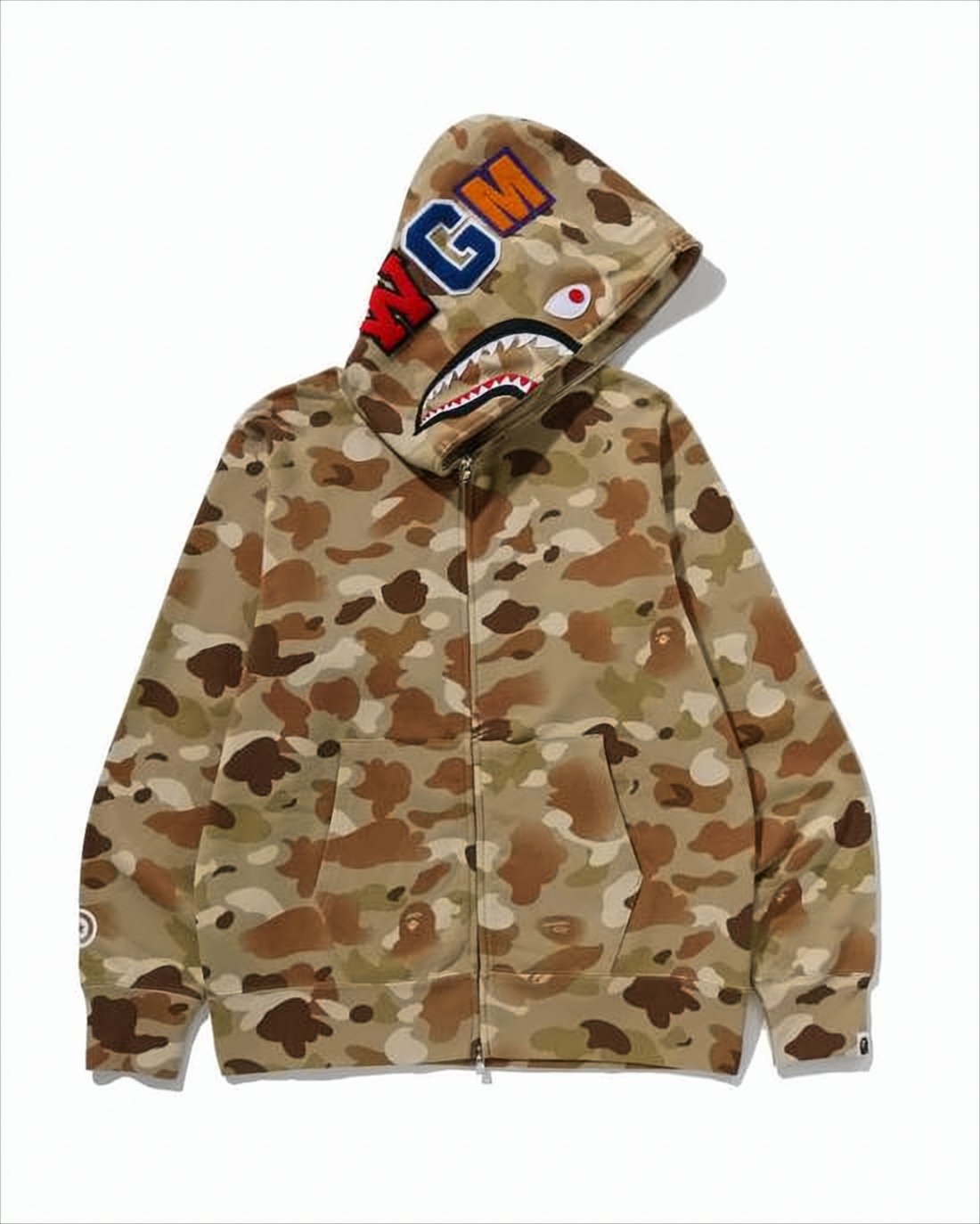 Camouflage Zip-Up Hoodie with Vibrant Shark Embroidery