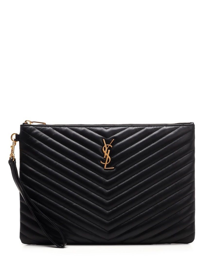 Chevron Quilted Leather Clutch with Wrist Strap