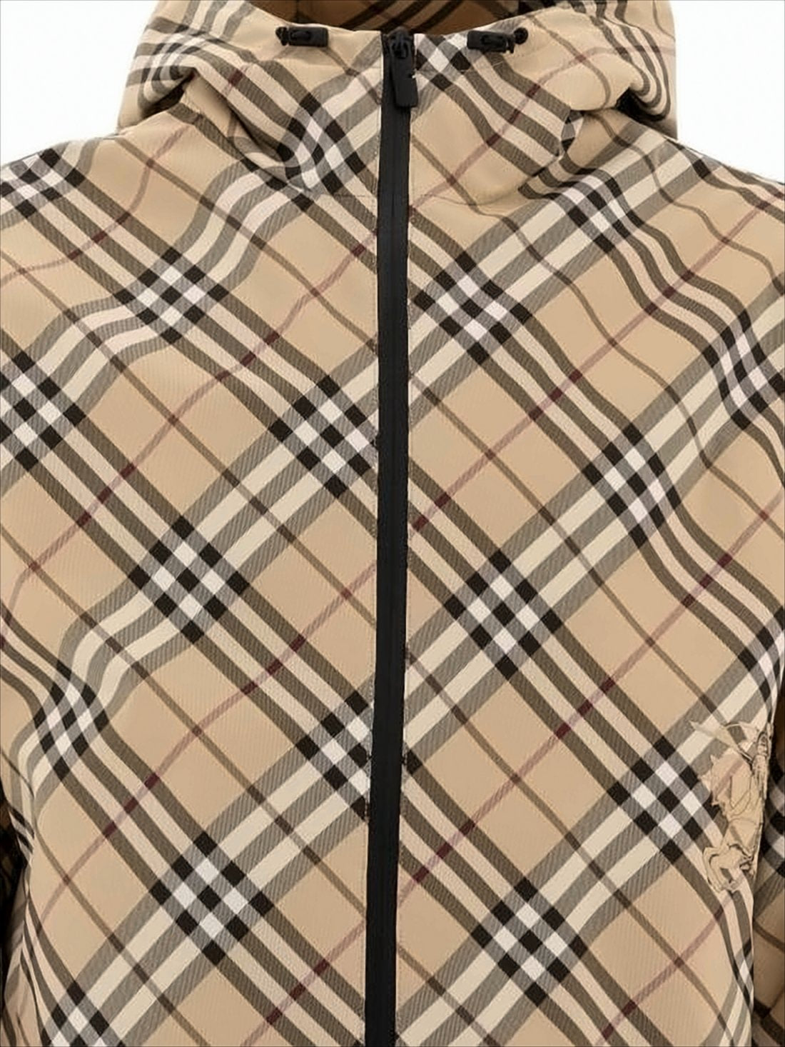 Beige Checkered Padded Jacket with Hood