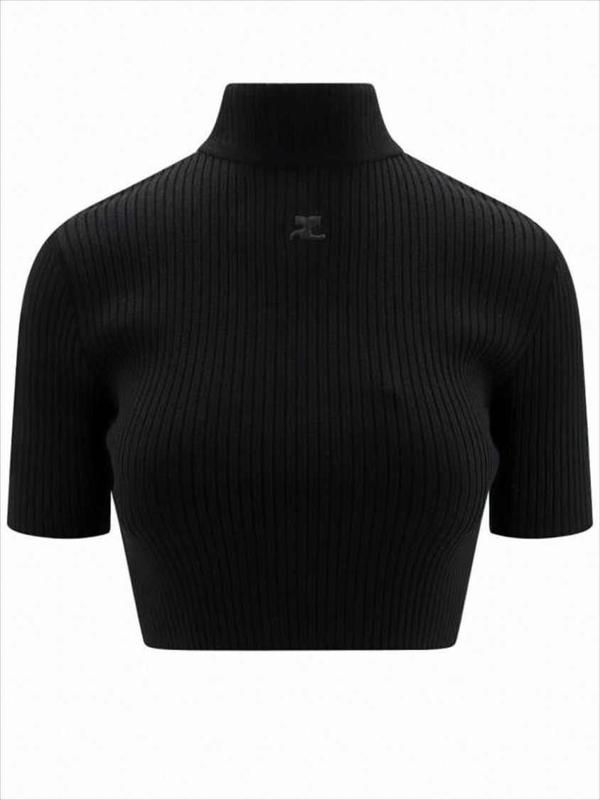 Ribbed Black Crop Top with High Neckline